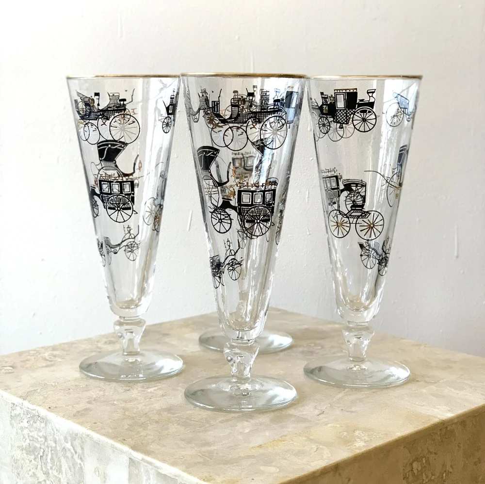 Vintage MCM Libbey Antique Stagecoach Pilsner Glasses Set‎ of 8